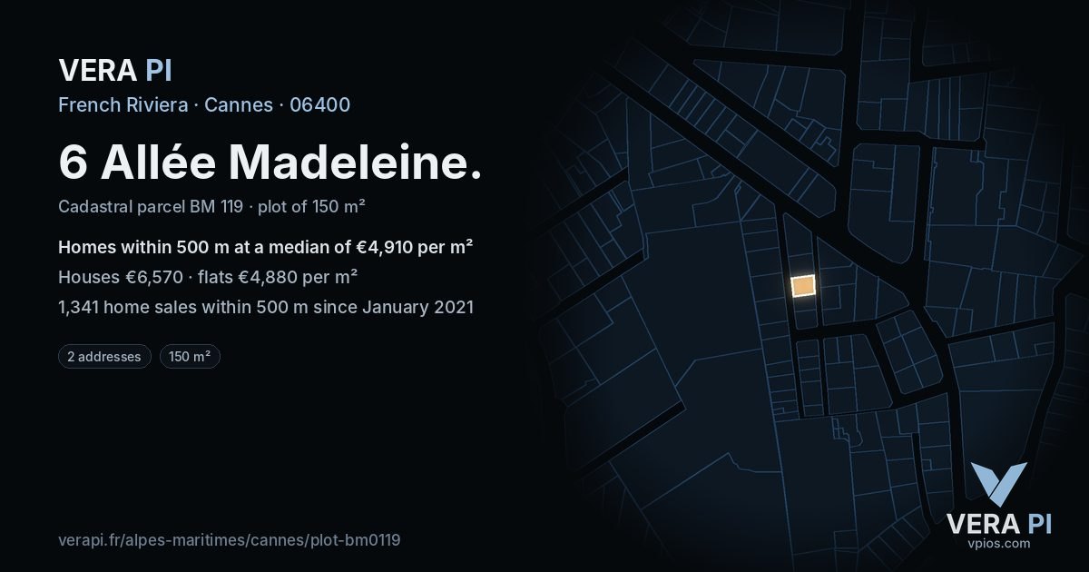 6 Allée Madeleine, Cannes at night – the plot lit, the parcels around coloured by the prices near them