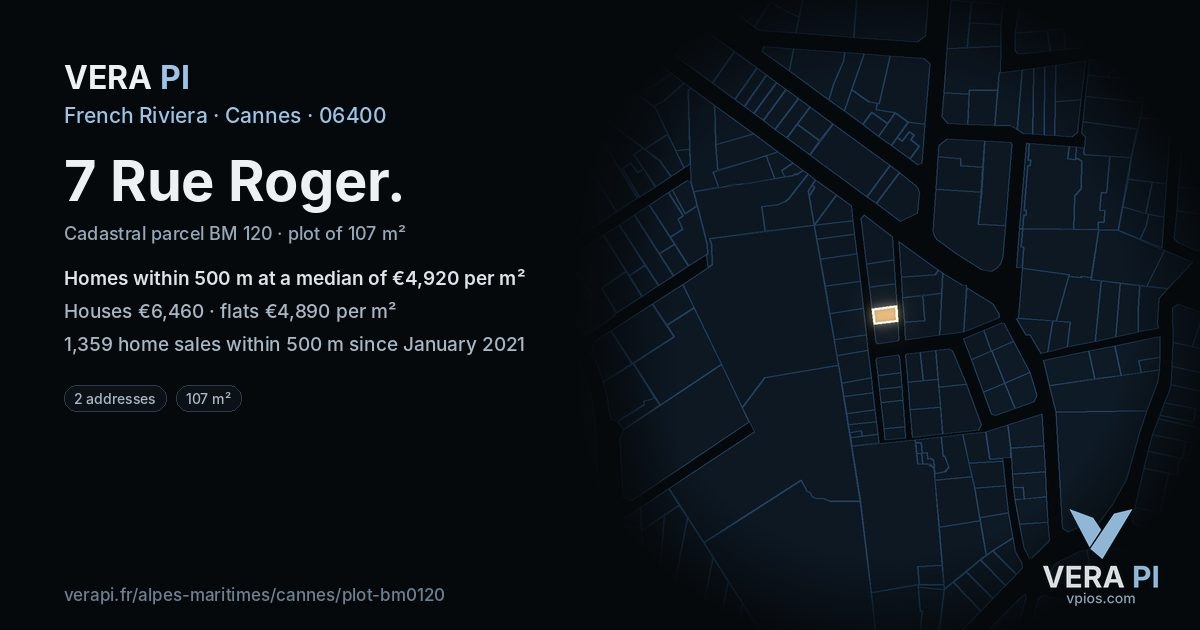 7 Rue Roger, Cannes at night – the plot lit, the parcels around coloured by the prices near them
