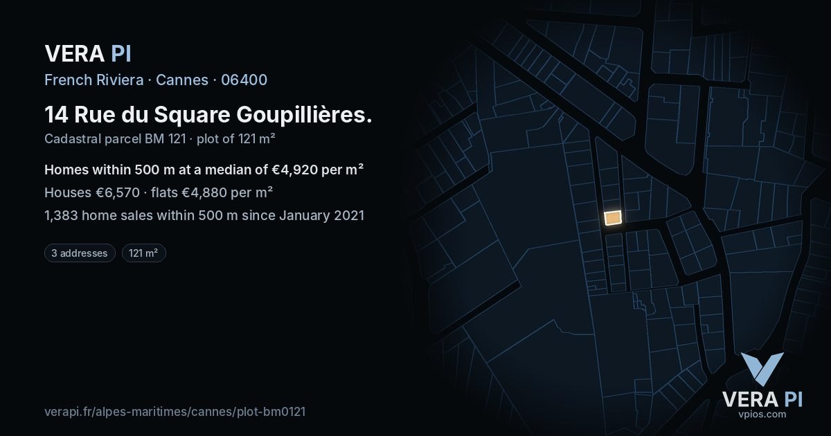14 Rue du Square Goupillières, Cannes at night – the plot lit, the parcels around coloured by the prices near them