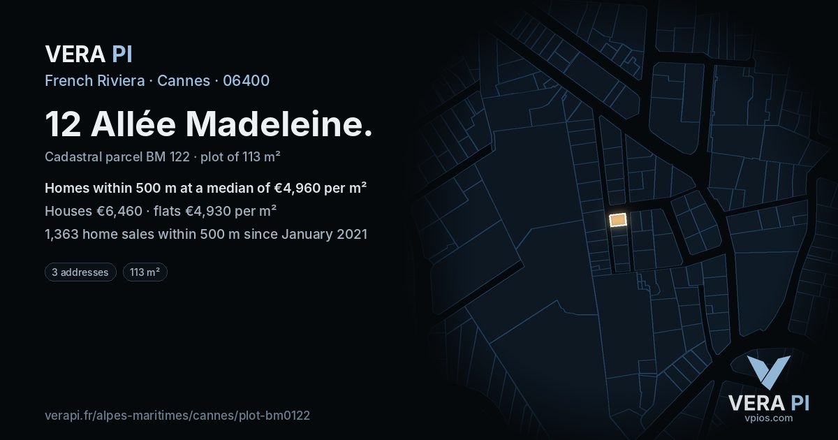 12 Allée Madeleine, Cannes at night – the plot lit, the parcels around coloured by the prices near them