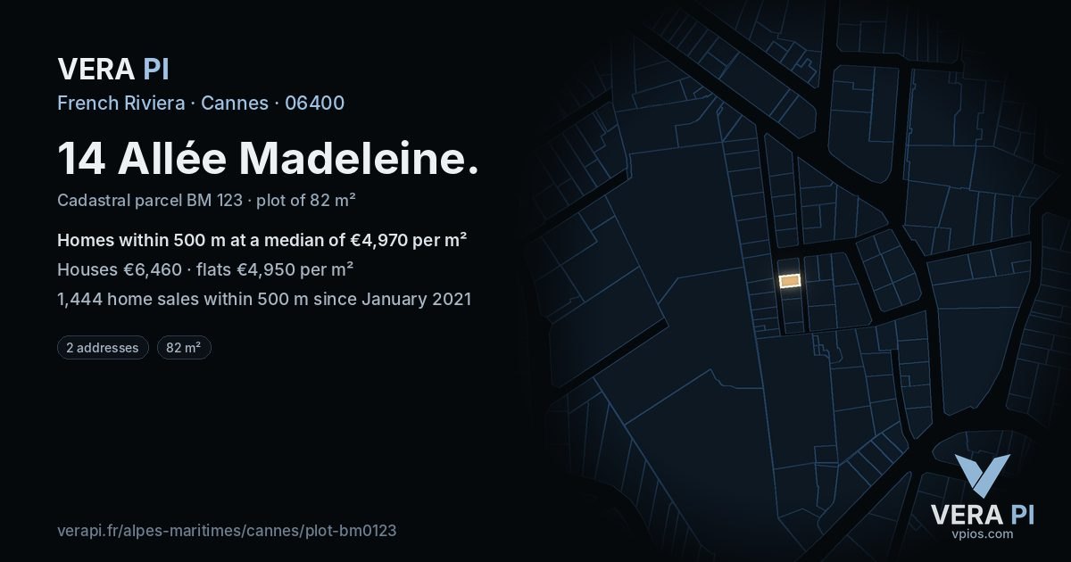 14 Allée Madeleine, Cannes at night – the plot lit, the parcels around coloured by the prices near them