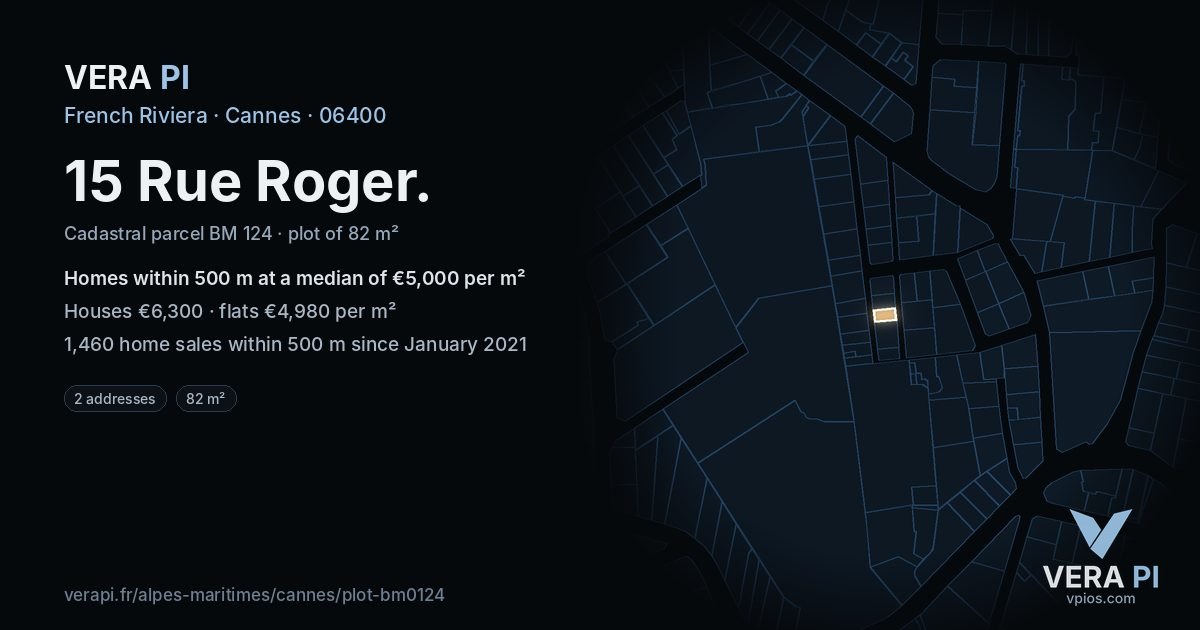 15 Rue Roger, Cannes at night – the plot lit, the parcels around coloured by the prices near them