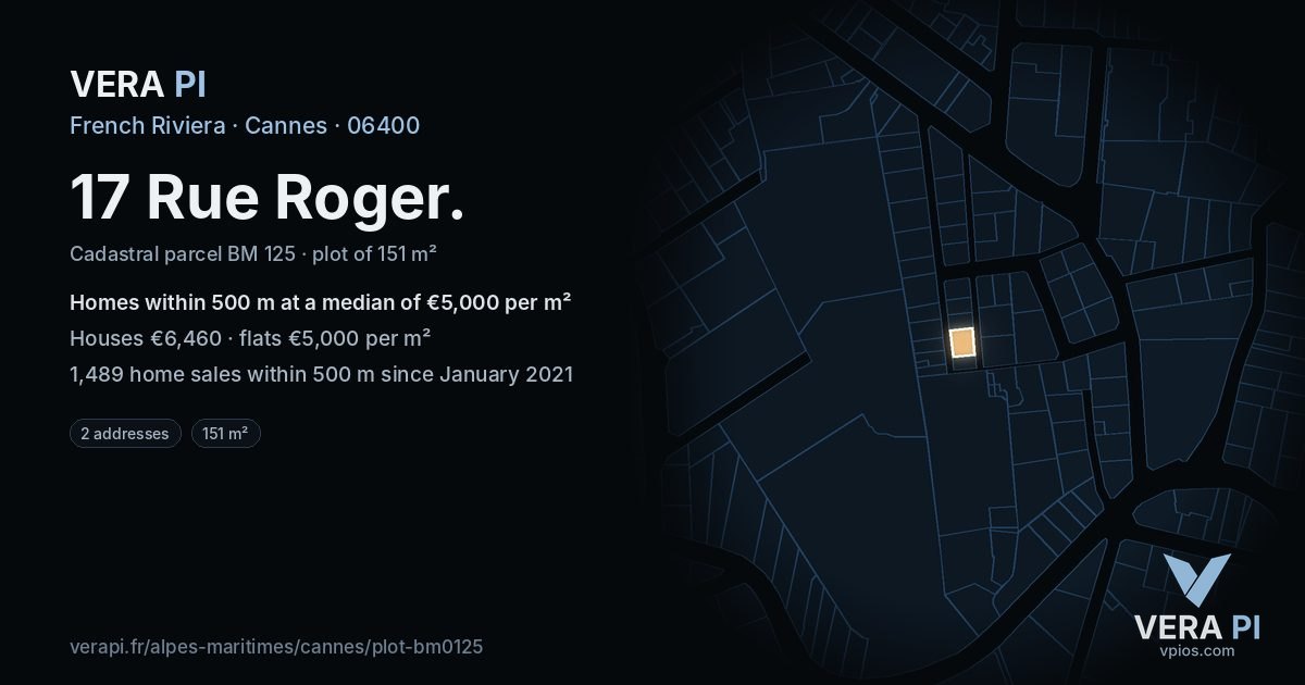 17 Rue Roger, Cannes at night – the plot lit, the parcels around coloured by the prices near them
