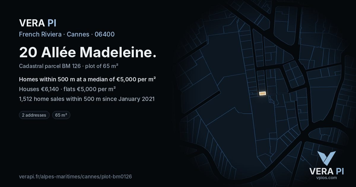 20 Allée Madeleine, Cannes at night – the plot lit, the parcels around coloured by the prices near them