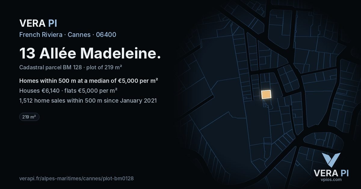 13 Allée Madeleine, Cannes at night – the plot lit, the parcels around coloured by the prices near them
