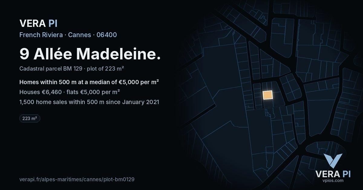 9 Allée Madeleine, Cannes at night – the plot lit, the parcels around coloured by the prices near them