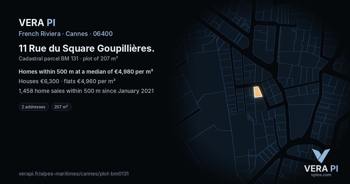 11 Rue du Square Goupillières, Cannes at night – the plot lit, the parcels around coloured by the prices near them