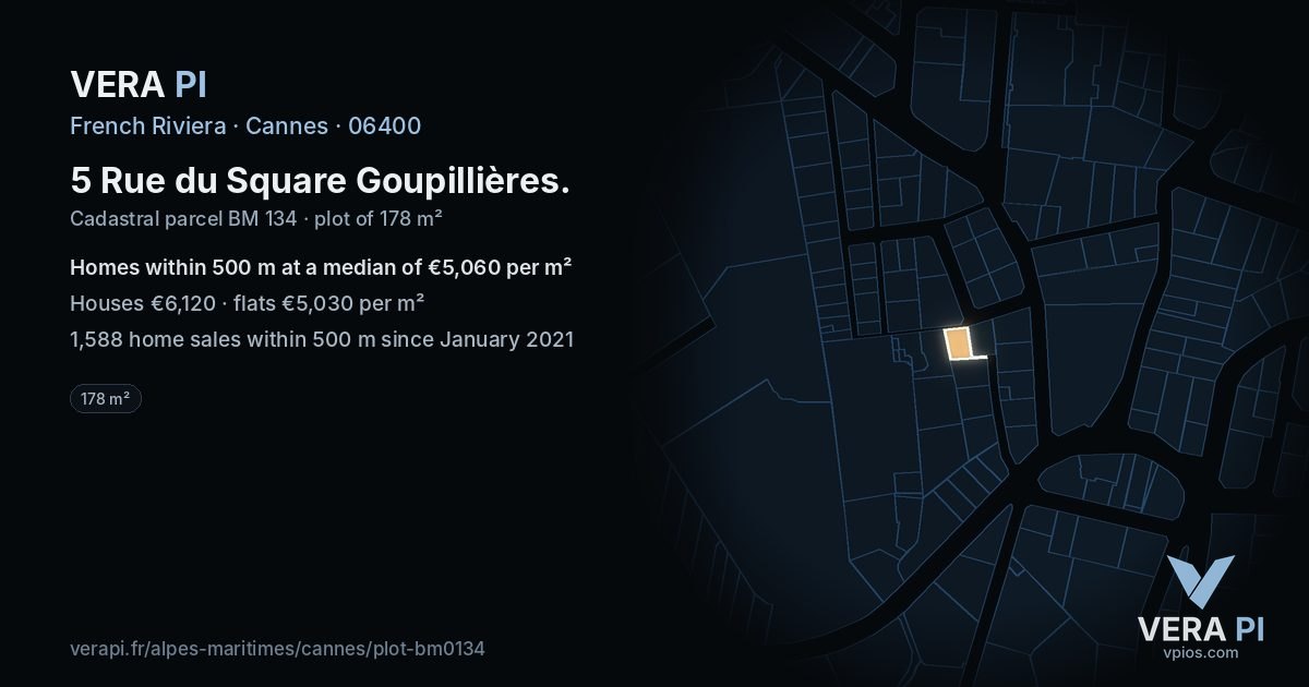 5 Rue du Square Goupillières, Cannes at night – the plot lit, the parcels around coloured by the prices near them