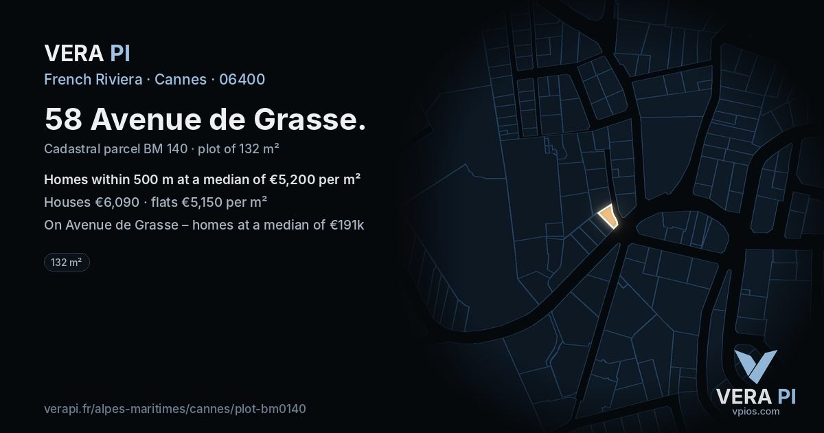 58 Avenue de Grasse, Cannes at night – the plot lit, the parcels around coloured by the prices near them