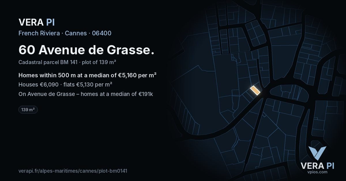 60 Avenue de Grasse, Cannes at night – the plot lit, the parcels around coloured by the prices near them