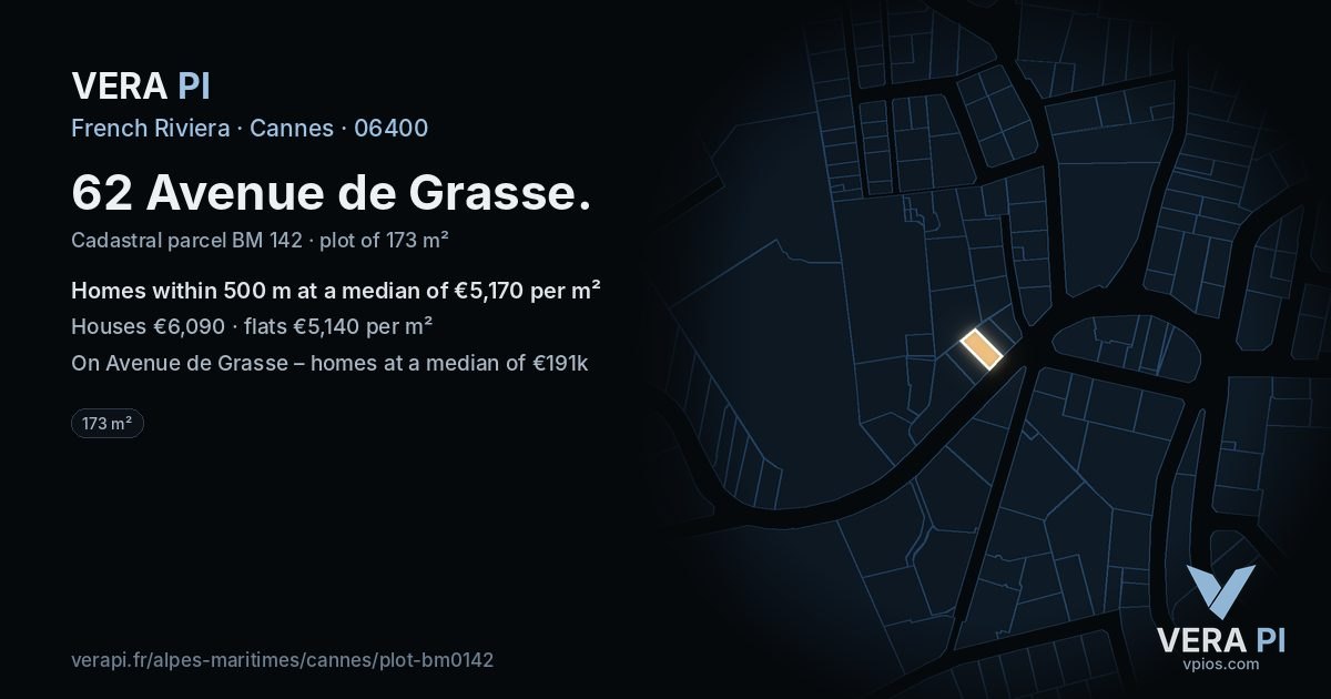 62 Avenue de Grasse, Cannes at night – the plot lit, the parcels around coloured by the prices near them