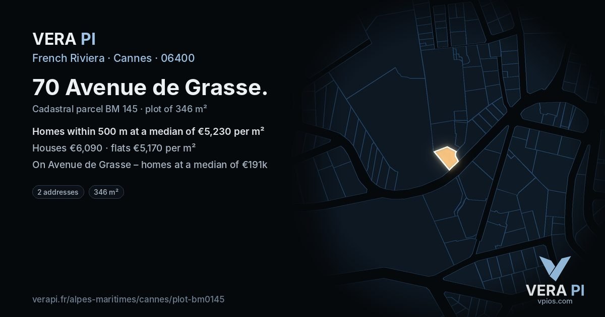 70 Avenue de Grasse, Cannes at night – the plot lit, the parcels around coloured by the prices near them