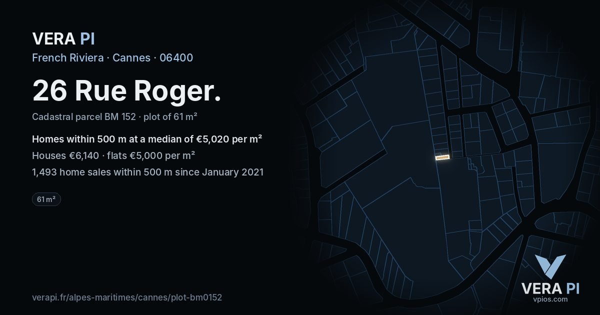 26 Rue Roger, Cannes at night – the plot lit, the parcels around coloured by the prices near them