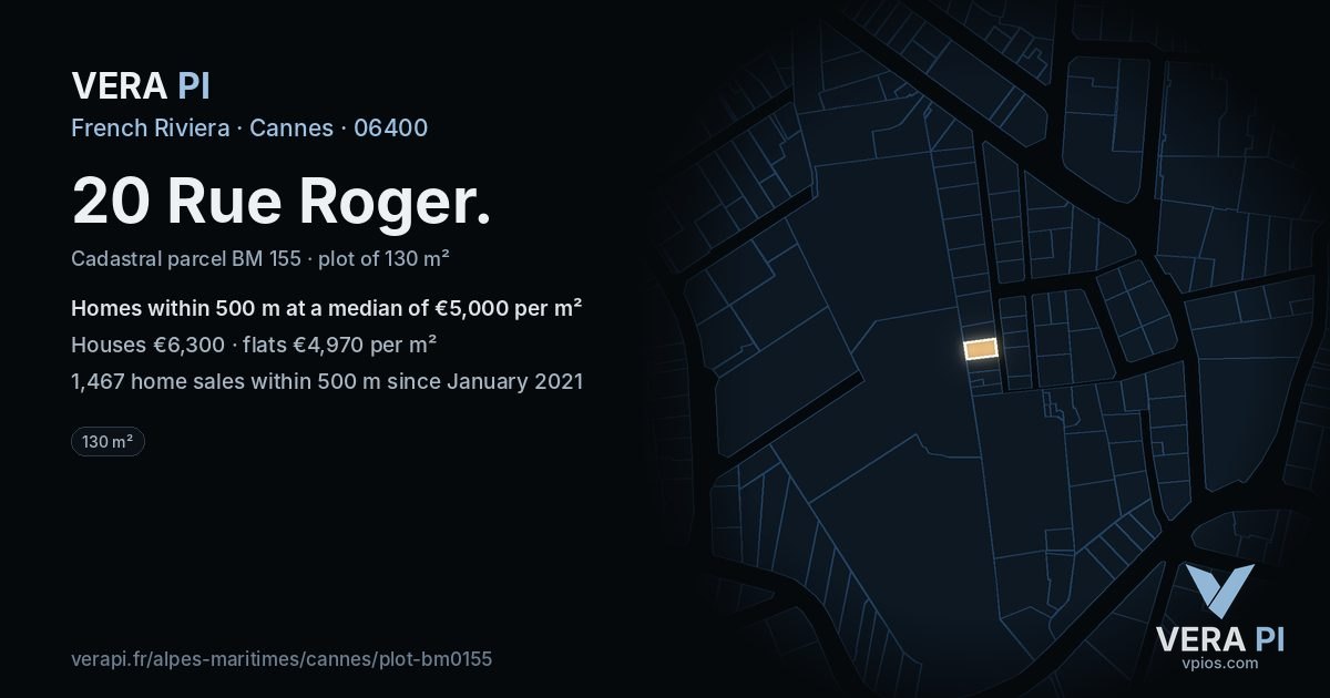 20 Rue Roger, Cannes at night – the plot lit, the parcels around coloured by the prices near them