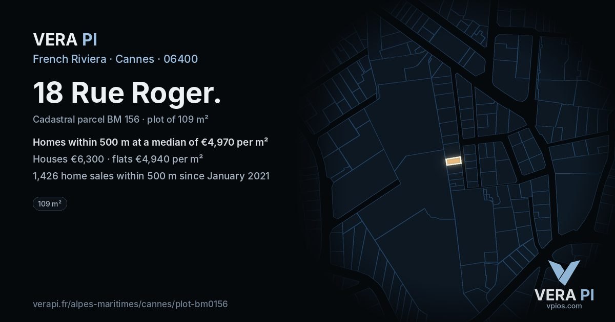 18 Rue Roger, Cannes at night – the plot lit, the parcels around coloured by the prices near them