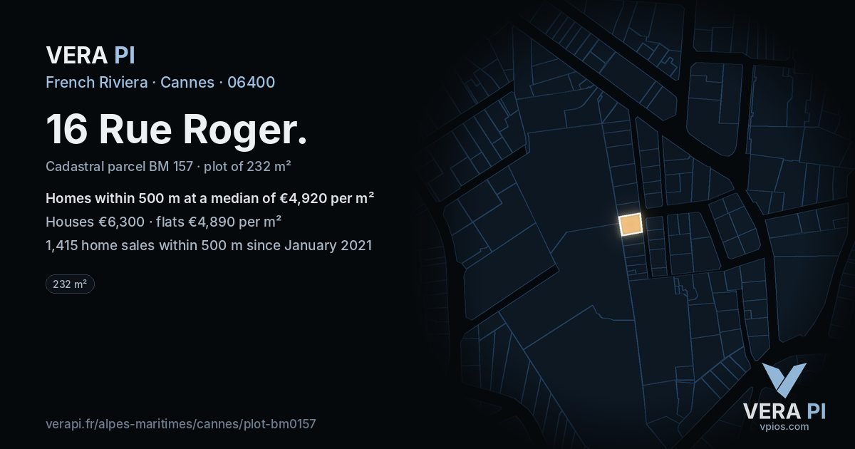 16 Rue Roger, Cannes at night – the plot lit, the parcels around coloured by the prices near them