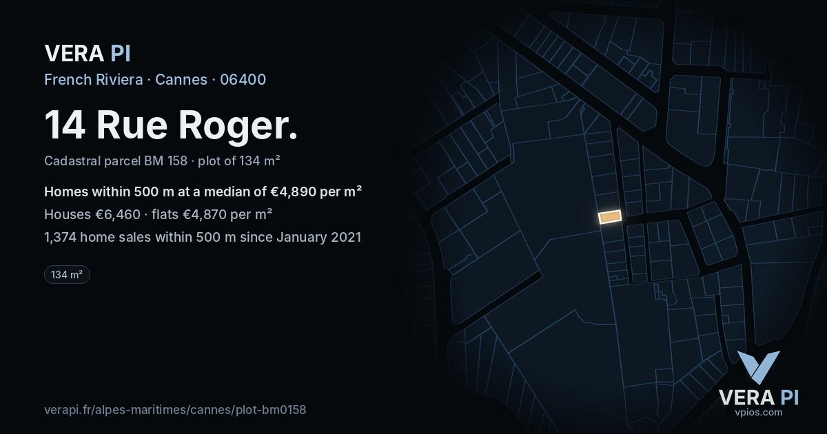 14 Rue Roger, Cannes at night – the plot lit, the parcels around coloured by the prices near them