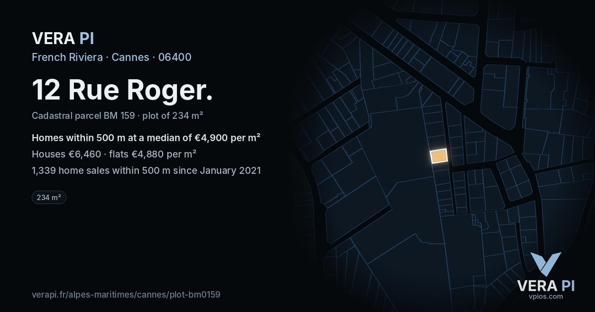 12 Rue Roger, Cannes at night – the plot lit, the parcels around coloured by the prices near them
