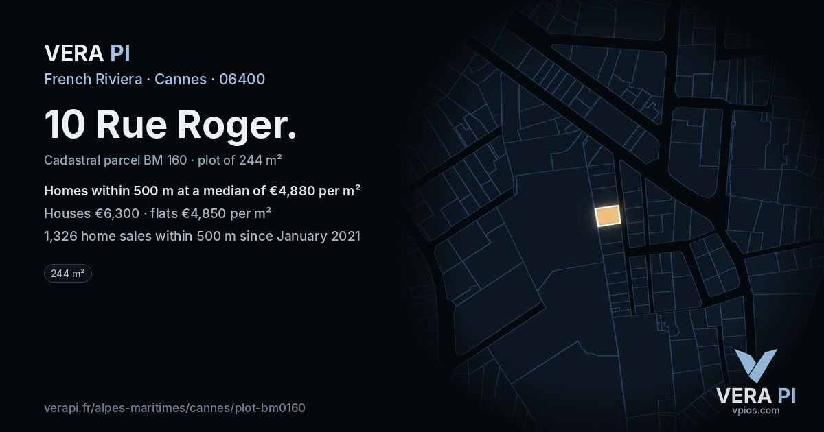 10 Rue Roger, Cannes at night – the plot lit, the parcels around coloured by the prices near them