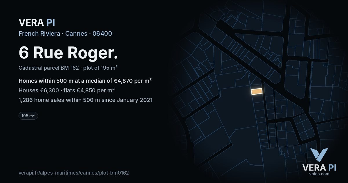 6 Rue Roger, Cannes at night – the plot lit, the parcels around coloured by the prices near them