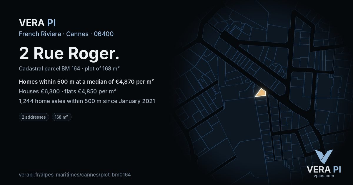 2 Rue Roger, Cannes at night – the plot lit, the parcels around coloured by the prices near them
