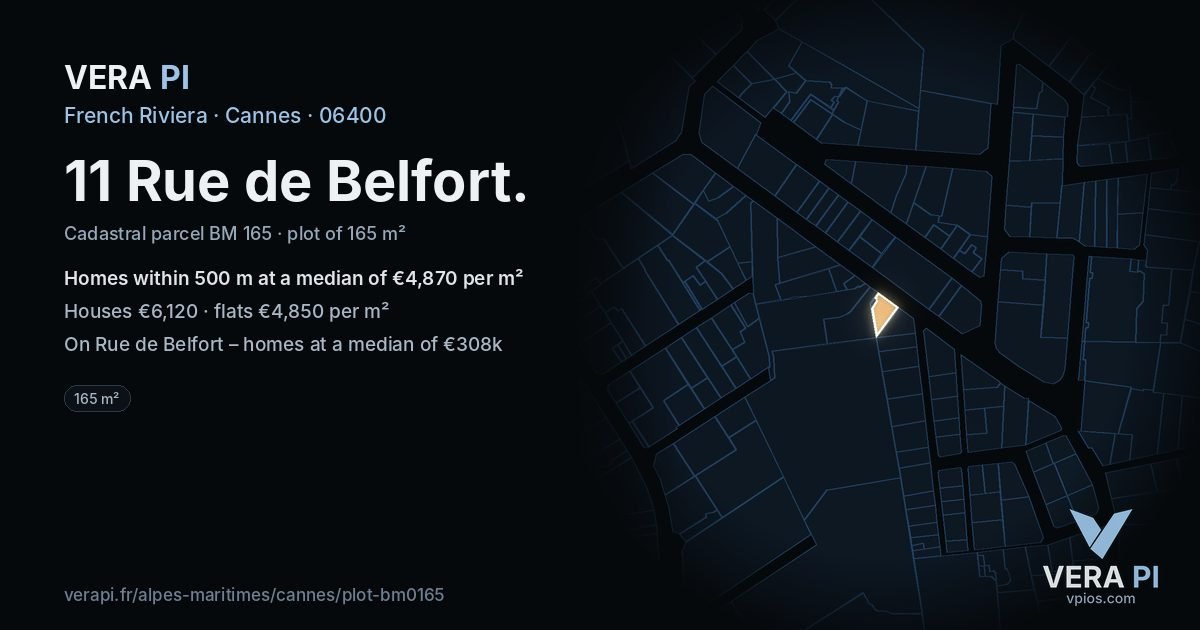 11 Rue de Belfort, Cannes at night – the plot lit, the parcels around coloured by the prices near them