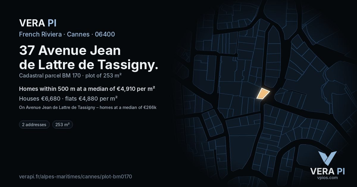 37 Avenue Jean de Lattre de Tassigny, Cannes at night – the plot lit, the parcels around coloured by the prices near them