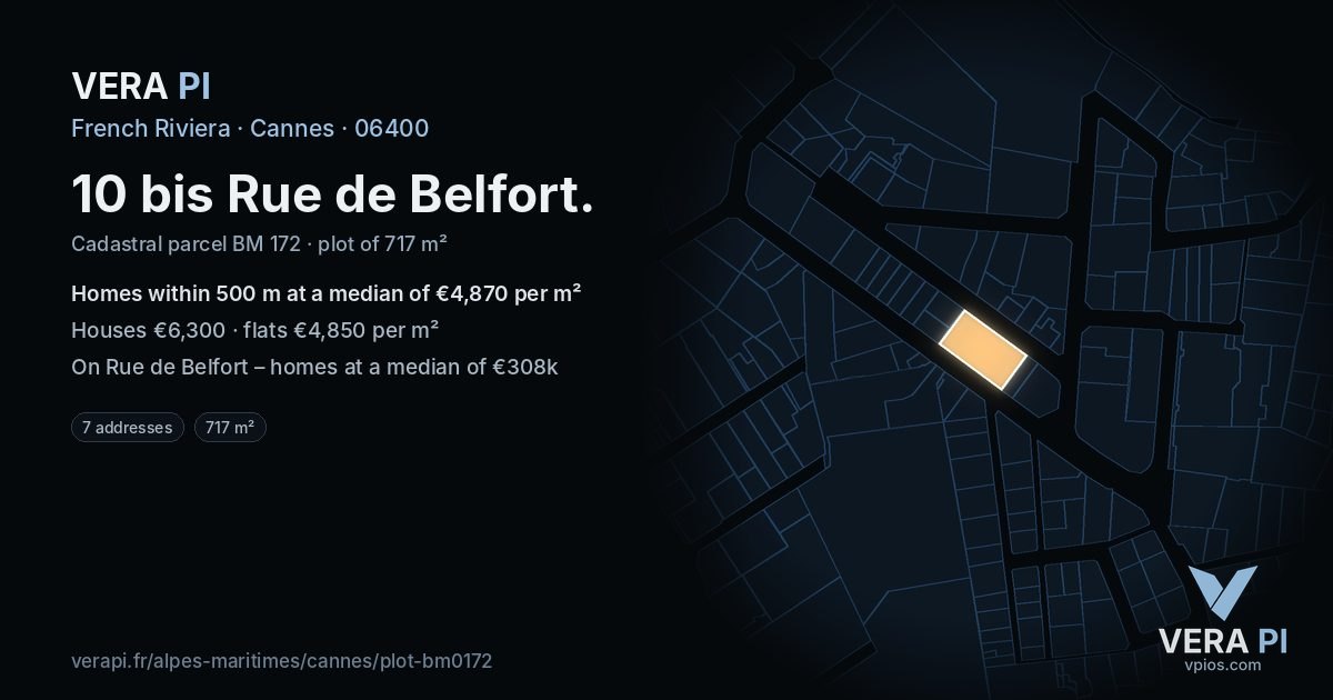 10 bis Rue de Belfort, Cannes at night – the plot lit, the parcels around coloured by the prices near them