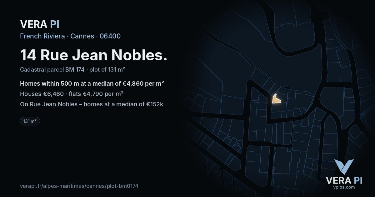 14 Rue Jean Nobles, Cannes at night – the plot lit, the parcels around coloured by the prices near them