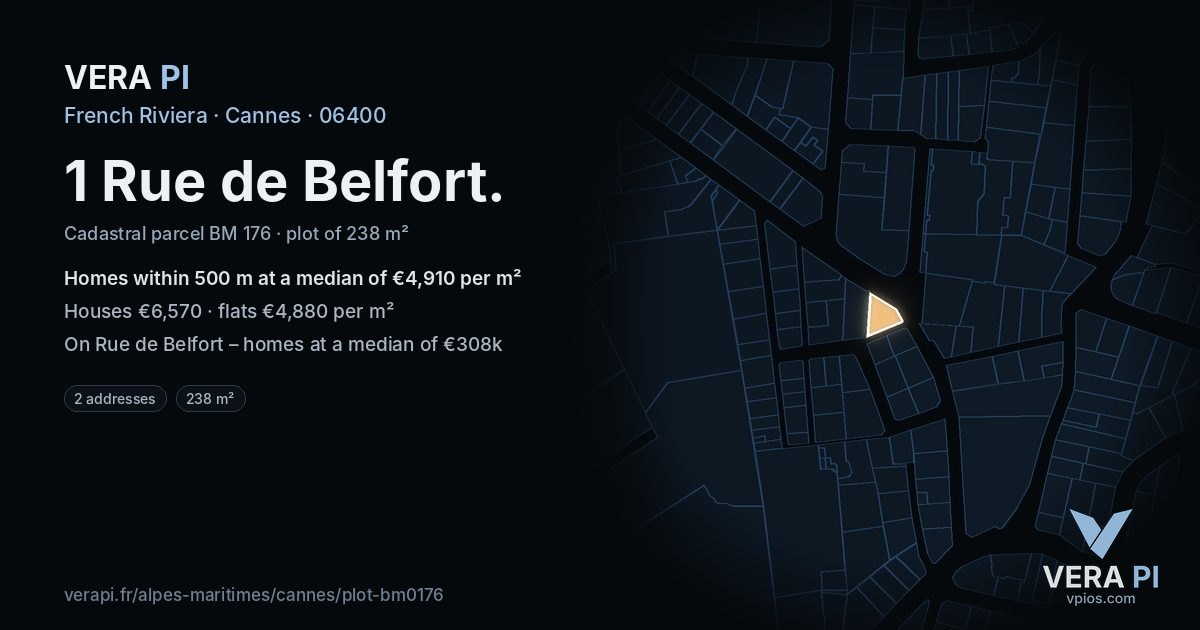 1 Rue de Belfort, Cannes at night – the plot lit, the parcels around coloured by the prices near them