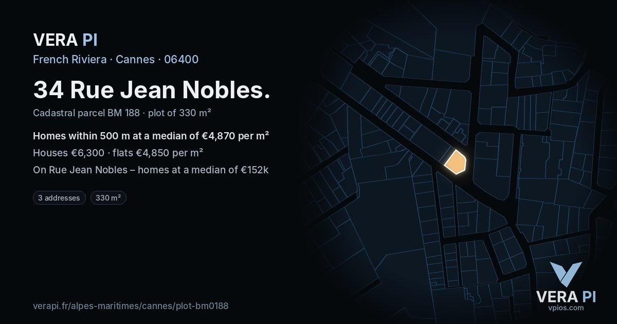 34 Rue Jean Nobles, Cannes at night – the plot lit, the parcels around coloured by the prices near them