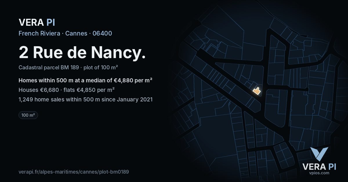 2 Rue de Nancy, Cannes at night – the plot lit, the parcels around coloured by the prices near them