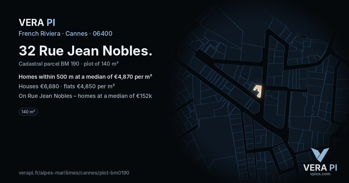 32 Rue Jean Nobles, Cannes at night – the plot lit, the parcels around coloured by the prices near them