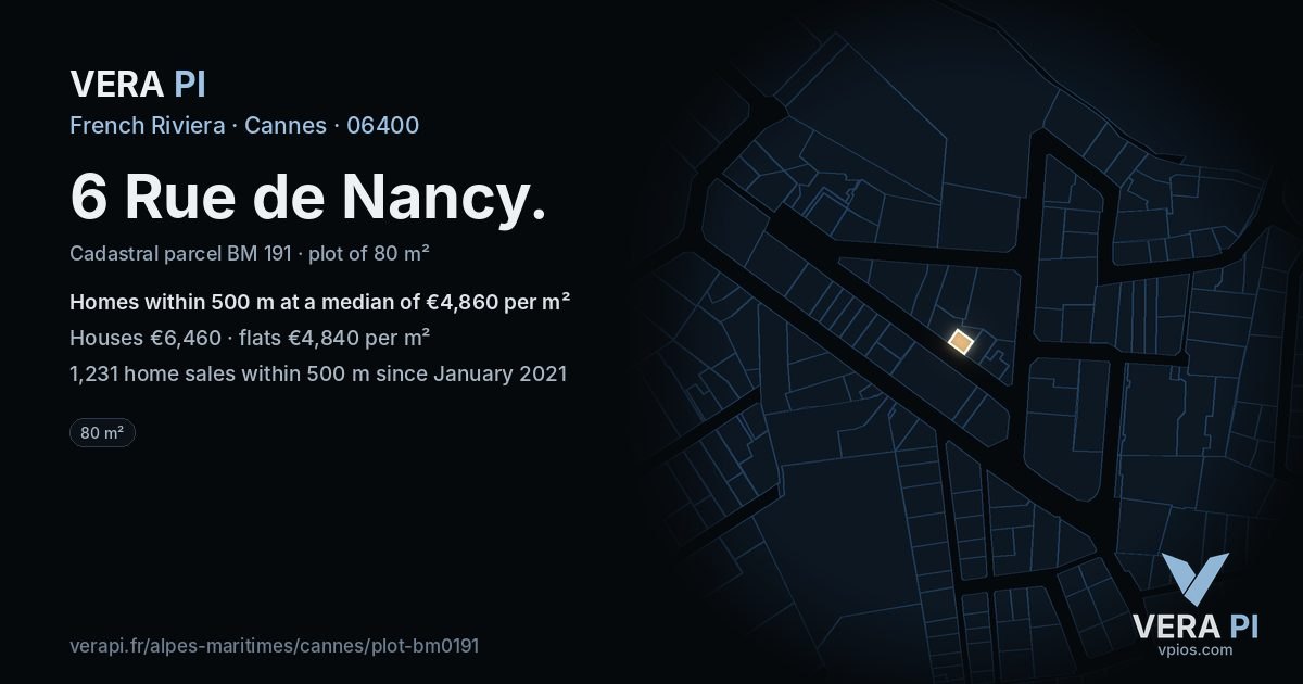 6 Rue de Nancy, Cannes at night – the plot lit, the parcels around coloured by the prices near them