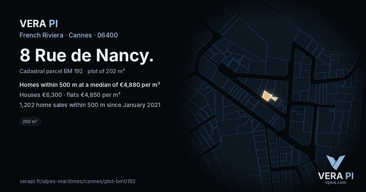 8 Rue de Nancy, Cannes at night – the plot lit, the parcels around coloured by the prices near them