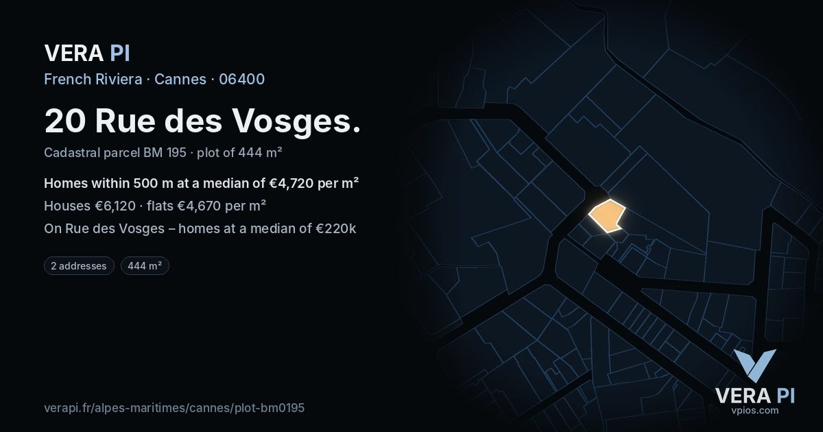 20 Rue des Vosges, Cannes at night – the plot lit, the parcels around coloured by the prices near them