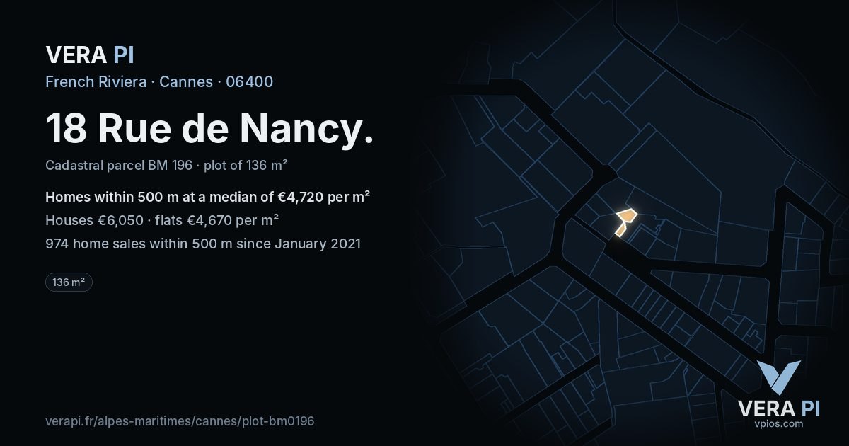 18 Rue de Nancy, Cannes at night – the plot lit, the parcels around coloured by the prices near them