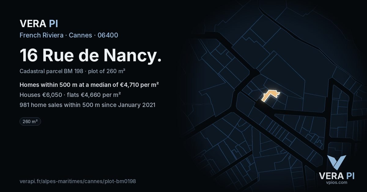 16 Rue de Nancy, Cannes at night – the plot lit, the parcels around coloured by the prices near them