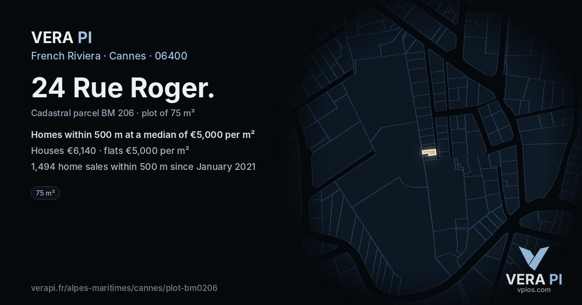 24 Rue Roger, Cannes at night – the plot lit, the parcels around coloured by the prices near them