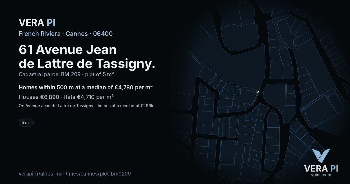 61 Avenue Jean de Lattre de Tassigny, Cannes at night – the plot lit, the parcels around coloured by the prices near them