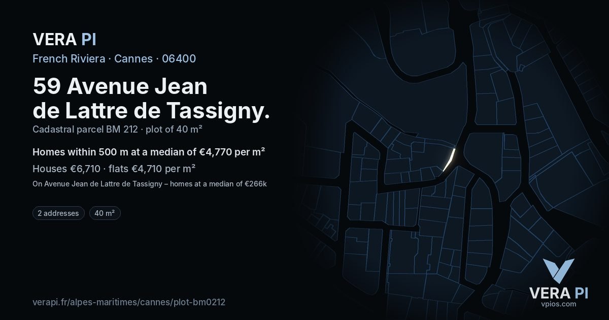 59 Avenue Jean de Lattre de Tassigny, Cannes at night – the plot lit, the parcels around coloured by the prices near them