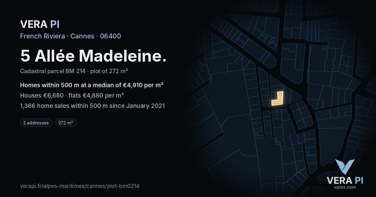 5 Allée Madeleine, Cannes at night – the plot lit, the parcels around coloured by the prices near them