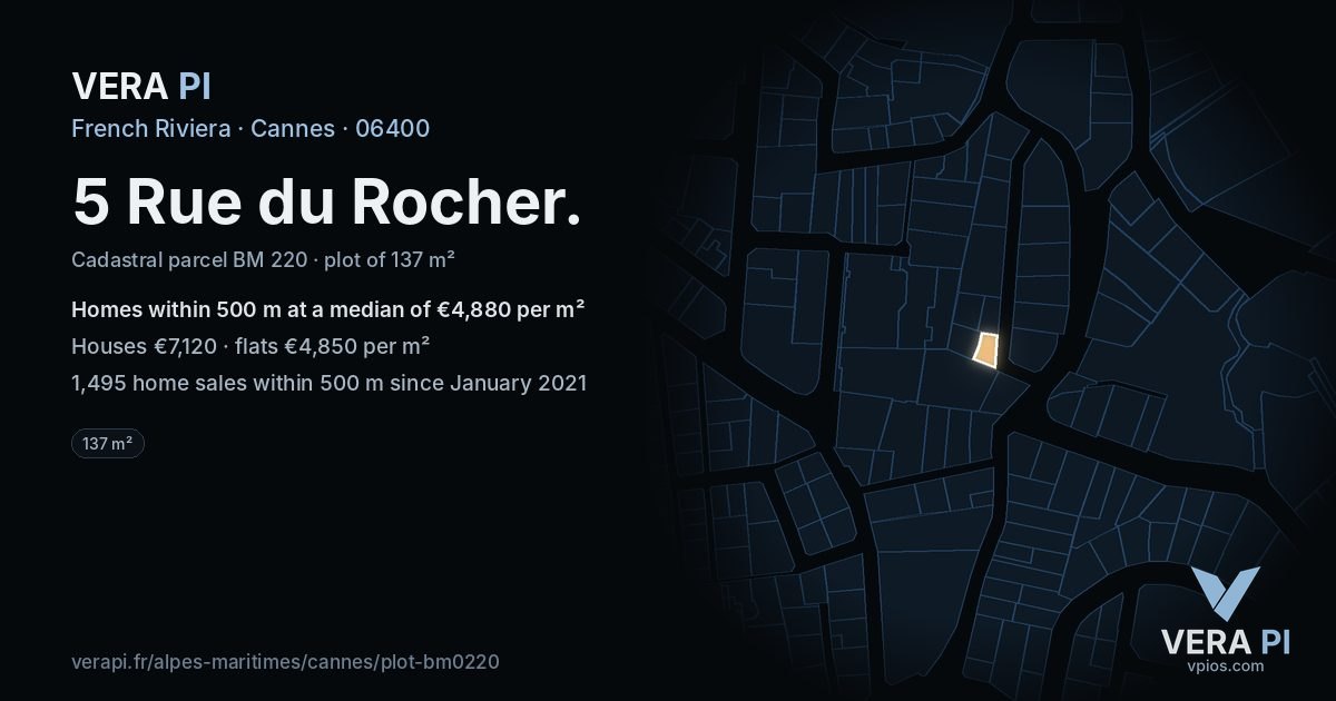 5 Rue du Rocher, Cannes at night – the plot lit, the parcels around coloured by the prices near them