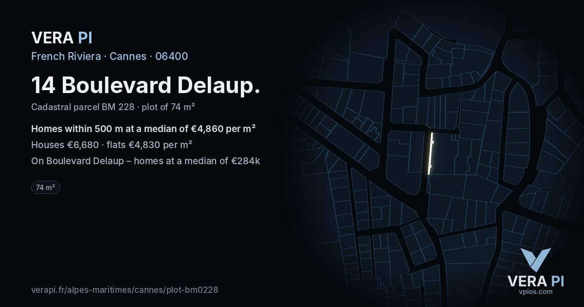14 Boulevard Delaup, Cannes at night – the plot lit, the parcels around coloured by the prices near them