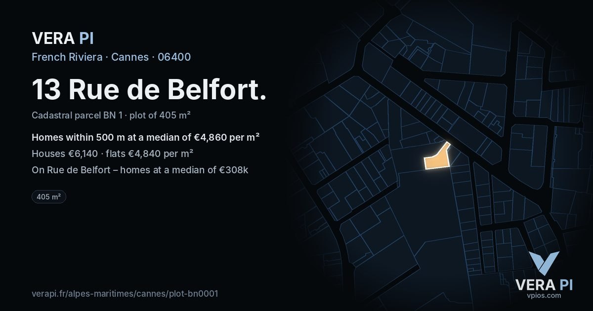13 Rue de Belfort, Cannes at night – the plot lit, the parcels around coloured by the prices near them