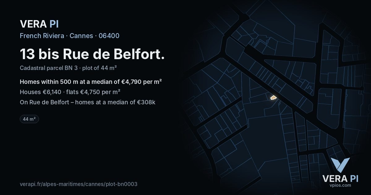 13 bis Rue de Belfort, Cannes at night – the plot lit, the parcels around coloured by the prices near them