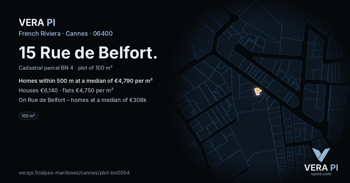 15 Rue de Belfort, Cannes at night – the plot lit, the parcels around coloured by the prices near them