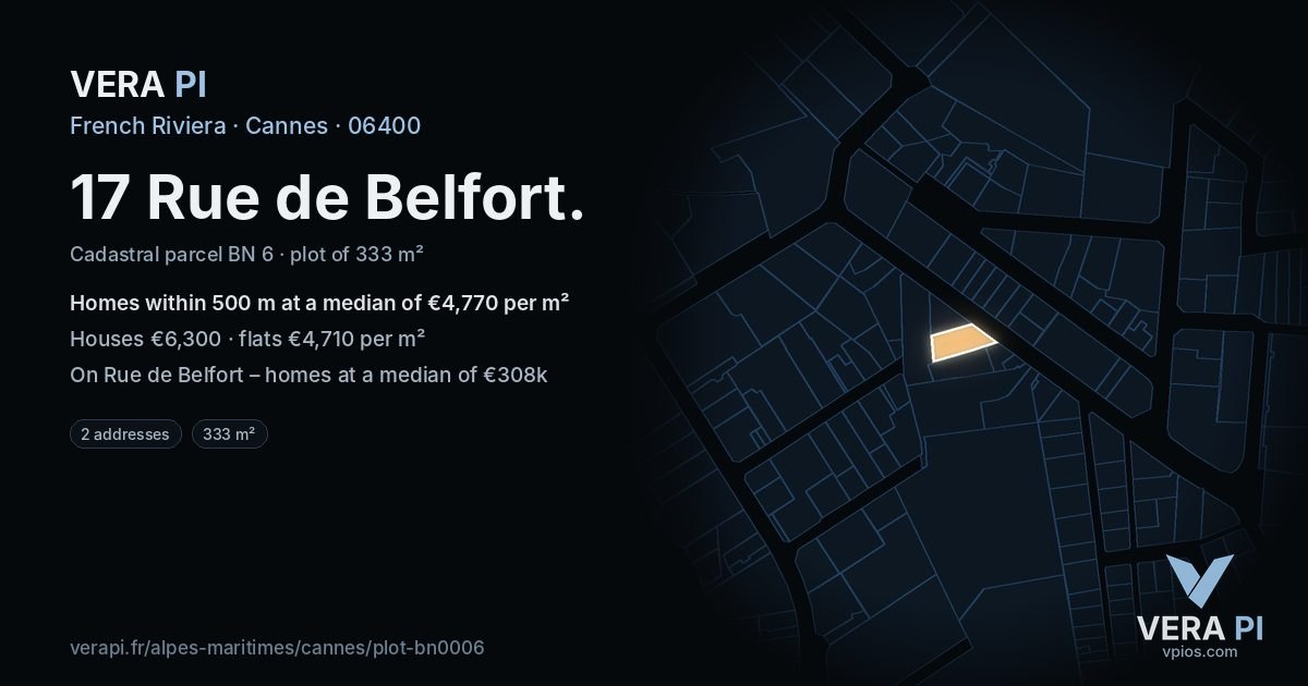 17 Rue de Belfort, Cannes at night – the plot lit, the parcels around coloured by the prices near them