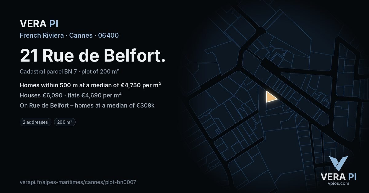 21 Rue de Belfort, Cannes at night – the plot lit, the parcels around coloured by the prices near them