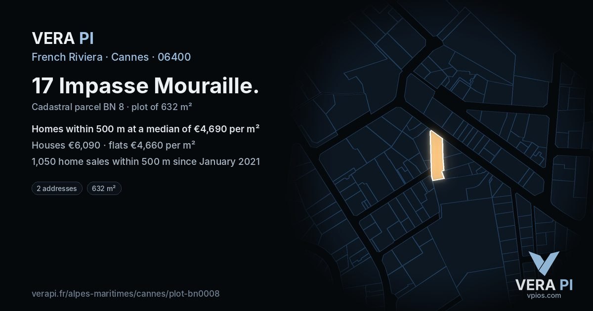 17 Impasse Mouraille, Cannes at night – the plot lit, the parcels around coloured by the prices near them
